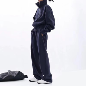 Women Navy Blue Tracksuit Set Full Sleeve Turtleneck Zipper Closure Loose Fit Solid Color Casual Breathable 100% Cotton - Product Image 1
