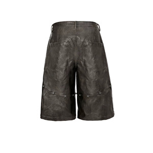 Men's Mid Waist Black Leather Bermuda Shorts Embroidery Decoration Drawstring Closure Cargo Style Waterproof Breathable - Product Image 2