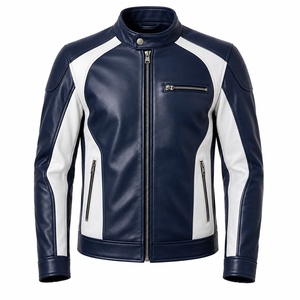Veste en cuir pour homme bleu marine et blanc avec blocs de couleur, col montant et fermeture éclair - Product Image 1