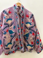 Blouson Bomber Unisexe en Velours Lavande Brodé Main, Style Vintage Bohème Floral avec Broderie Suzani en Coton pour Automne/Hiver