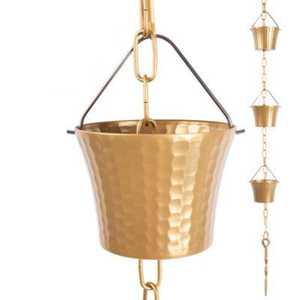 Decorative <b>Brass</b> Color Hammered Cup Style Rain Chain for <b>Gutters</b> Elegant Wrought Iron Downspout Alternative With <b>Gutter</b> Adapter - Product Image 1
