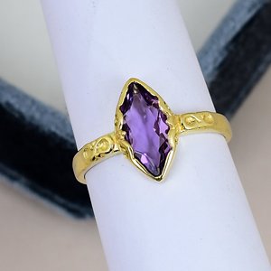 Bezel Setting Marquise Cut Vintage <b>Amethyst</b> Engagement <b>Ring</b> Gold Plated Solid 925 Sterling <b>Silver</b> Engraved Band <b>Ring</b> For Women - Product Image 2