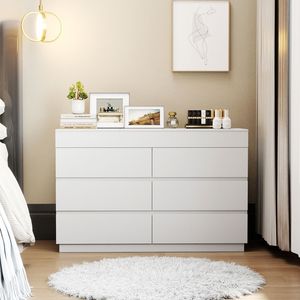 Comò Bianco Goffrato P2 in Truciolato Melaminico 120x40x85.5cm con Sei Cassetti e Specchio, Spessore 12mm - Product Image 5