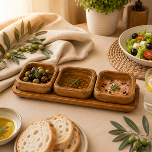 Ensemble de 3 bols à collation écologiques en bois naturel avec support de service et plateaux carrés pour condiments – Ustensiles de cuisine pour la maison et les fêtes - Product Image 2