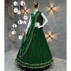 DESIGNER GEORGETTE SEQUENCE avec BRODERIE TRAVAIL LEHENGA CHOLI avec DUPATTA VERT - Product Image 1