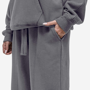 Ensemble de survêtement court à capuche bleu pour femme, avec pantalon de jogging moulant, décontracté, 2 pièces, en coton tricoté, pour l'hiver - Product Image 4