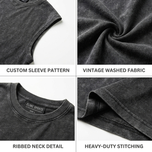 Premium Breathable Knitted Acid Wash Oversized Tank <b>Top</b> with Embroidery | Vintage Charcoal Black Casual Streetwear Gym Tee - Product Image 6