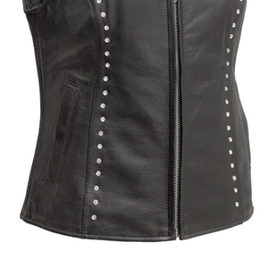 Gilet en cuir pour femmes, en cuir de vache véritable, fermeture éclair intégrale, sans manches, veste classique de motard pour femmes, en vente - Product Image 3