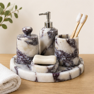 Ensemble d'accessoires de salle de bain en marbre naturel de luxe, ensemble en pierre artisanal avec distributeur de savon, plateau et pot pour la décoration moderne des hôtels et des maisons - Product Image 6