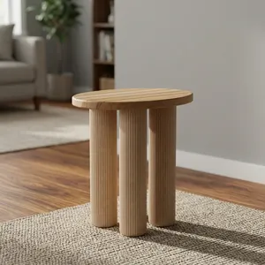 Modern Scandinavian Wood <b>Side</b> <b>Table</b> with <b>Round</b> Top and Textured Legs Living Room Furniture - Product Image 6