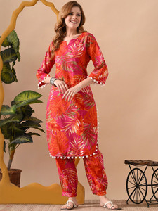 <b>Women</b> Pink Orange Leaf Printed Cotton <b>Kurta</b> Salwar Knee Length Regular Fit Casual Wear India Pakistan Style Summer Spring Autumn - Product Image 3