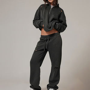 Ensemble de survêtement pour femme en coton 100% épais, coupe oversize, couleur unie, avec dentelle, style Hip Hop, personnalisable avec logo sérigraphié, vente en gros, collection hiver 2 - Product Image 6