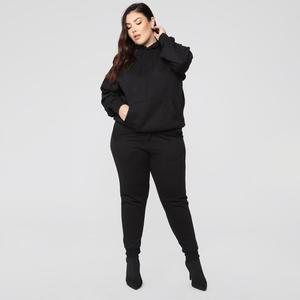 Women Plus Size Black Hooded <b>Tracksuit</b> Full Sleeve Solid Color Casual Jogger Set with Side Pockets Elastic Waist Midweight - Product Image 4
