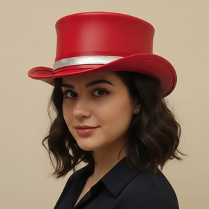 Premium quality custom made Handmade <b>Red</b> Leather <b>Top</b> <b>Hat</b> With Silver Band Festival Cosplay <b>Hat</b> Gift for her - Product Image 4