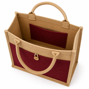 Jute Shopping <b>Bag</b> <b>Medium</b> <b>Size</b> Button Closure Cotton Padded Handle Natural Laminated Material Front Pocket - Product Image 5