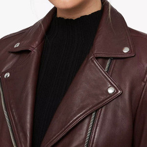 Chaqueta de Motociclista de Cuero Genuino para Mujer, Color Borgoña, Cierre de Cremallera, Manga Larga, Estilo Moto, Ropa de Abrigo para Otoño - Product Image 6