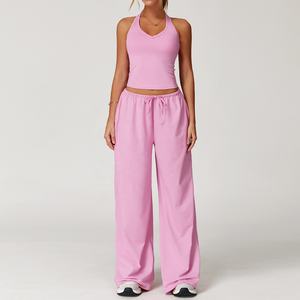 Ensemble décontracté deux pièces pour femme : Crop top dos nu 90 % nylon 10 % élasthanne et pantalon palazzo large à cordon de serrage - Product Image 5