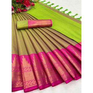 OCASIÓN ESPECIAL ALGODÓN SUAVE SEDA ORO TEJIDO TRABAJO SAREE VERDE CLARO - Product Image 1