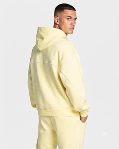 Conjunto Deportivo para Hombre, Color Amarillo Lima, Estilo Oversize con Líneas en Contraste, Sudadera con Capucha de Felpa de Algodón de Primera Calidad y Pantalones Deportivos de Pierna Ancha, Venta al Por Mayor - Product Image 5