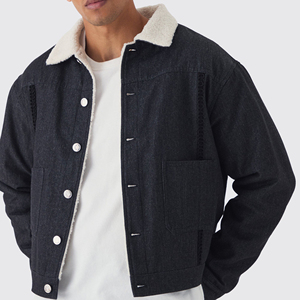 Chaqueta de Mezclilla Casual de Calidad para Hombre, Bordada, Cortavientos, Oversize, con Hombros Caídos, Negra Desgastada, 100% Algodón, Invierno - Product Image 1