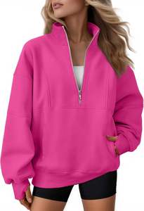 Sweat-shirt noir pour femme à demi-zip, en molleton épais de qualité supérieure, coupe oversize, avec poche kangourou, idéal pour se détendre - Product Image 3