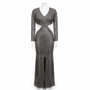 Luxury <b>Sequin</b> Cut Out Evening Dress for Women Deep V Neck Long Sleeve Bodycon Maxi Gown with Front Slit Party Cocktail Formal - Product Image 1