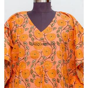 Caftán de algodón para mujer, cuello en V, sin mangas, ecológico, ajustado, con estampado de bloques, lavable, cómodo, corte maxi, con aberturas - Product Image 3