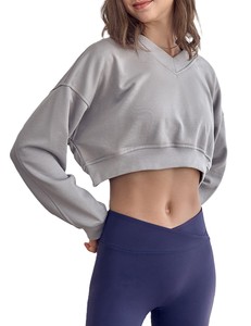 Sudadera Corta Gris para Mujer, con Hombros Caídos, Manga Larga, Color Sólido, Informal, de Invierno, Tejida, 100% Algodón, Transpirable, de Secado Rápido - Product Image 4