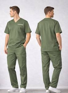 Conjunto de uniforme médico para hombre, blusa y pantalones elásticos con cuello en V y bolsillos, uniforme de enfermera verde oliva - Product Image 3