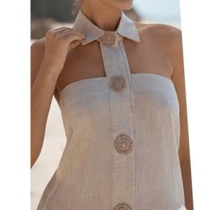 เดรสสั้นผ้าลินินคอปกแบบผูกเชือกติดกระดุม หรือ เสื้อเชมิสผ้าลินินติดกระดุมลายเหรียญ - Product Image 1