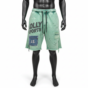 <b>Men</b> Acid Wash <b>Shorts</b> 320 GSM Premium Cotton Fleece Acid Washed <b>Green</b> Panel Patch Custom Logo Casual Wear Acid wash <b>men's</b> <b>shorts</b> - Product Image 1