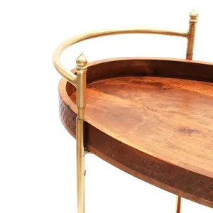 Chariot de service ovale en bois avec cadre en laiton, design vintage, plateau roulant à deux niveaux pour les réceptions - Product Image 4