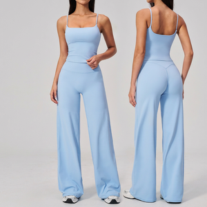 Women Athletic Two Piece Set Square Neck Thin Strap Sports Camisole High Waist V-Back Flare Leg Yoga Pants Gym Training Outfit - Product Image 4