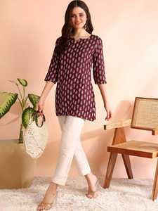 <b>Indian</b> Casual Wear Blue Cotton Kurta With White Floral Print Loose Fit Midi Casual Wear Short <b>Top</b> Kurti Style Digital Printing - Product Image 3