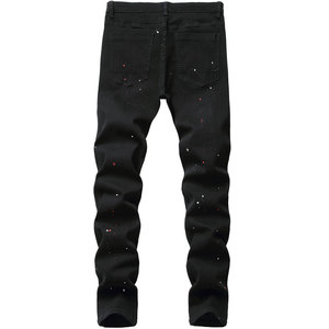 Jean déchiré noir pour homme, coupe slim, effet éclaboussures de peinture, pantalon en denim, streetwear, mode décontractée, design personnalisé - Product Image 2