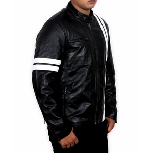 Men's Black PU Leather Biker Jacket with White Stripes Stand Collar Zipper Closure Regular Fit Moto Style Autumn Wear - Product Image 2