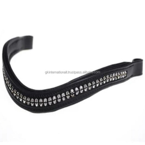 Bande de front de cheval en cuir rembourré en forme de vague de canal vide personnalisée avec une seule rangée de cristaux clairs chaîne en métal bride bande de front - Product Image 1