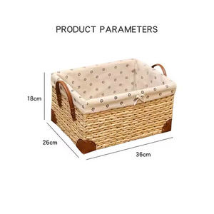 <b>Rectangular</b> storage <b>basket</b> woven from water hyacinth, fruit and food tray with fabric lining, leather-covered bottom. - Product Image 6