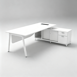 Escritorio de Oficina Moderno en Forma de L, de Acero Blanco, Silla Ergonómica Azul, Diseño Minimalista, Uso Comercial y en el Hogar, Ensamblaje Fácil - Product Image 1