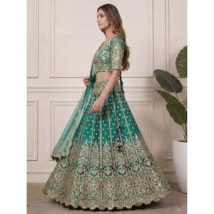 Ethnic Scarves & <b>Shawls</b> Beautiful Green Embroidered Soft Net Lehenga Choli - Product Image 4