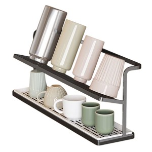 White Steel Two Tier Cup Drying <b>Rack</b> With Drainer Tray Space Saving Kitchen Countertop Organizer For Mugs Glasses And Bottles - Product Image 2
