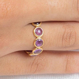 18K Gold Amethyst Eternity Band-<b>Resizable</b> Wedding <b>Ring</b> with Prong Setting - Product Image 1