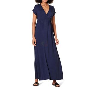 Robe longue décontractée bleu marine à col en V et manches courtes, coupe ample, en mélange de coton, pour femme, idéale pour le quotidien, fournisseur en gros - Product Image 1