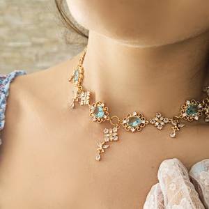 Light Blue Natural Stone Charm Pendant Gold Plated Bezel Setting Regency <b>Choker</b> Elegant Vintage Engagement for Women - Product Image 3