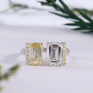 Classic Canary Yellow White Emerald Cut Diamond Open <b>Ring</b> Two Stone Toi et Moi Bypass <b>Crystal</b> Statement <b>Rings</b> Engagement <b>Ring</b> - Product Image 1