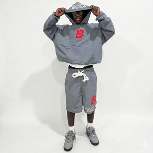 Men's Hoodie short sets 100% Cotton French terry Plus Size Oversized Blank <b>Plain</b> Embroidery Men Hoodies Short Sets - Product Image 2
