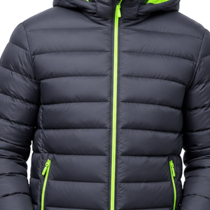 Veste matelassée pour homme avec doublure vert néon contrastant de qualité supérieure, avec capuche, chaude pour l'hiver, légère, gris foncé, veste à capuche à fermeture éclair intégrale - Product Image 3