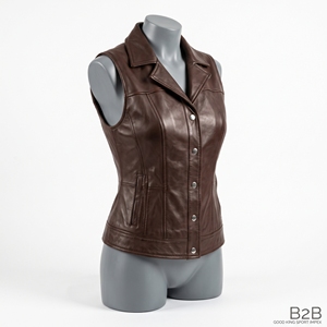 Chaleco de cuero marrón chocolate para mujer con cuello de solapa con muescas, cinco botones a presión, sin mangas, corte entallado, bolsillos con ribete y dobladillo moldeado - Product Image 1