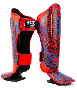 Protège-tibias Yokkao Muay Thai en cuir motif Tigre Rouge Bleu Noir, équipement de protection pour le kickboxing, emballage plastique, toutes saisons - Product Image 3