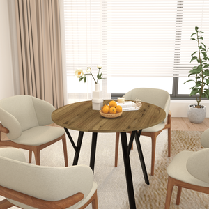 Modern 35.43 Inch <b>Round</b> Dining <b>Table</b> <b>Small</b> Kitchen <b>Table</b> with Metal Black Legs for 2-4 People Brown Finish for the Dining Room - Product Image 6